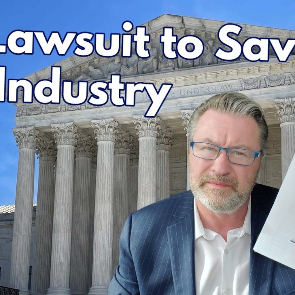 A man in a suit holds up a document in front of the U.S. Supreme Court building, with the text "The Lawsuit to Save the Gun Industry" displayed above him.