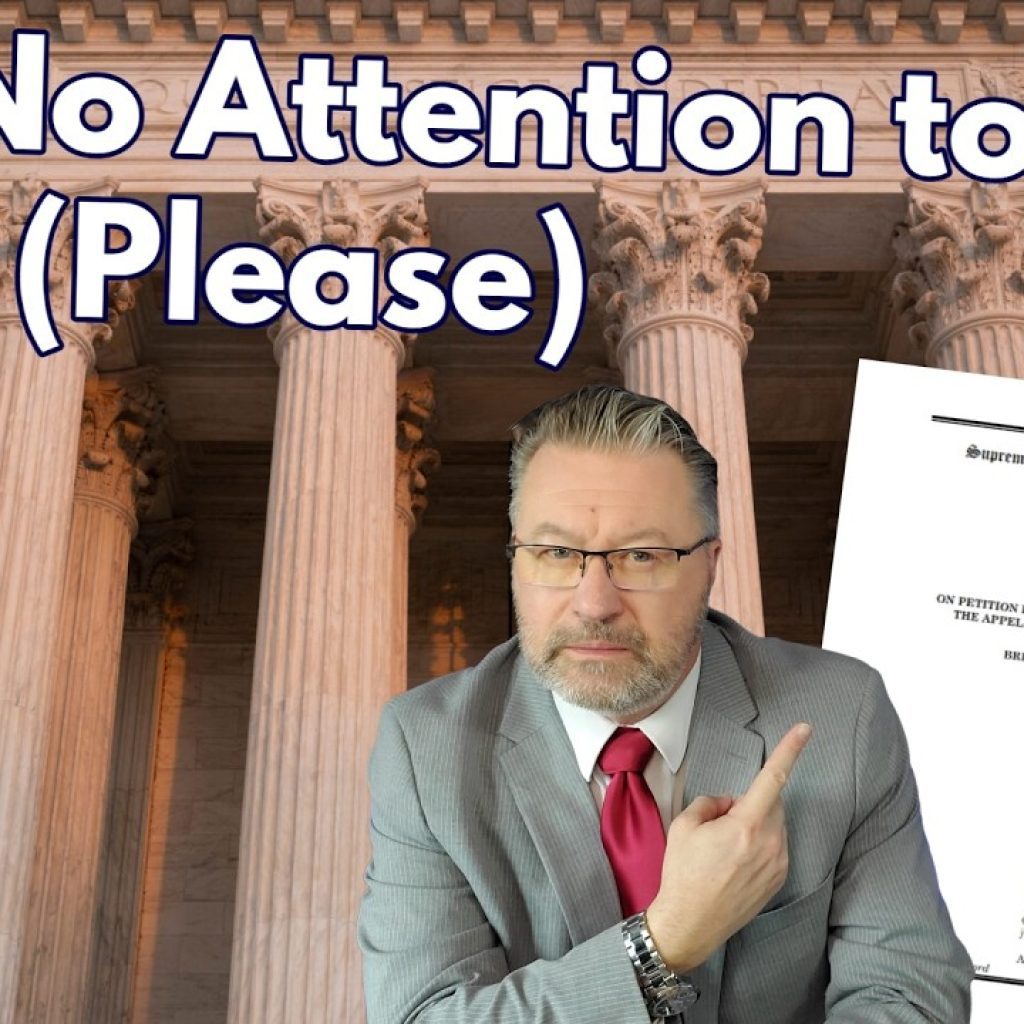 A man in a suit points to a legal document labeled "Pay No Attention" in red. Behind him are columns of a courthouse. Large text at the top reads, "Pay No Attention to This Case (Please).