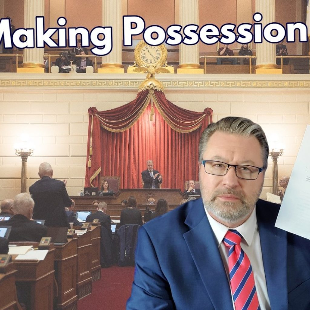 A man in a suit and glasses holds up a document in front of a legislative chamber. Large text above reads, "Now Making Possession Illegal." The WK logo is in the lower left corner.