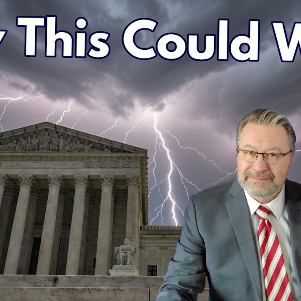 A man in a suit and red striped tie holds up a document in front of the U.S. Supreme Court building with lightning in the sky. Text at the top reads "How This Could Work." A small logo with "WK" appears in the corner.