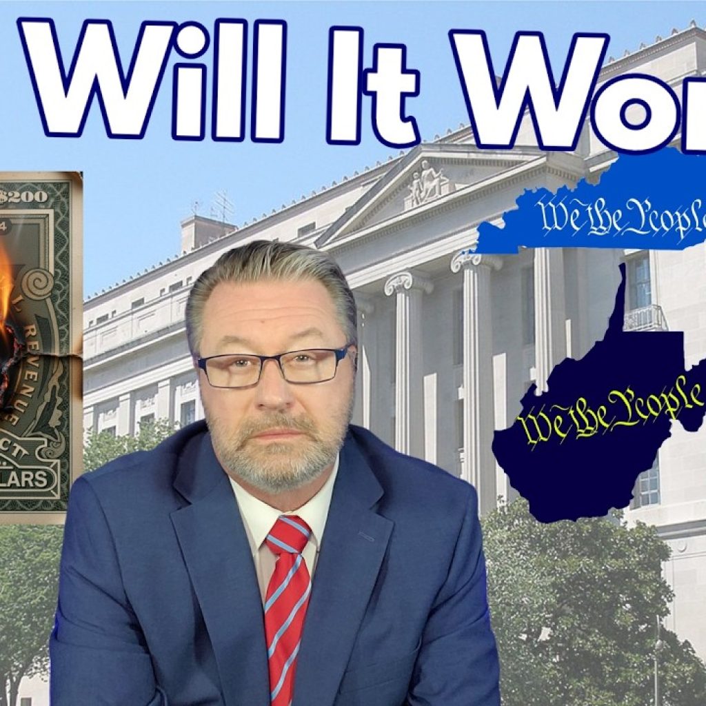 A man in a suit and red striped tie sits in front of a government building. Text reads "But Will It Work?" Burnt $100 bill and "We the People" on Kentucky, West Virginia, and another state silhouettes are shown.