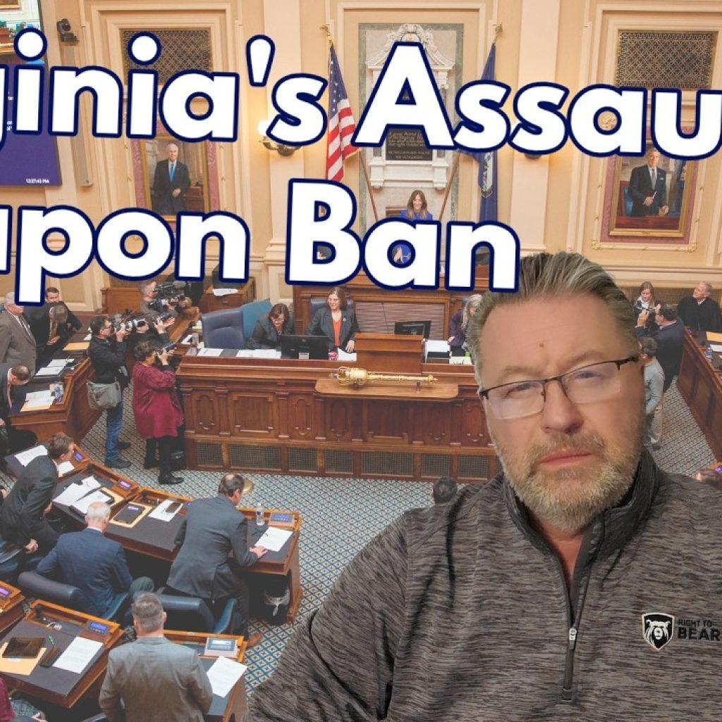 A man with glasses and gray hair sits in front of a background showing a legislative chamber in session. Large text reads, "Virginia's Assault Weapon Ban." A WK logo appears in the lower left corner.