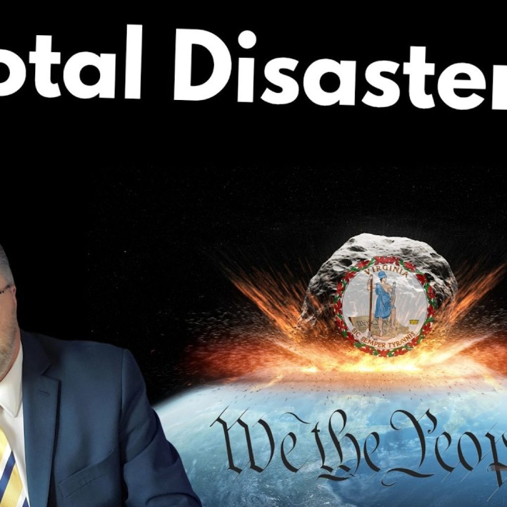 A man in a suit sits next to a "WK" logo, with “A Total Disaster” in bold text above. Behind him, an asteroid with a seal crashes into Earth, igniting flames. "We the People" text is written on the planet. A woman's face is partly visible.