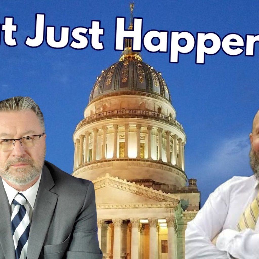 Two men in suits are in front of a government building with a domed roof at dusk. Above them, bold text asks, “What Just Happened?” The WK logo is in the bottom left corner.