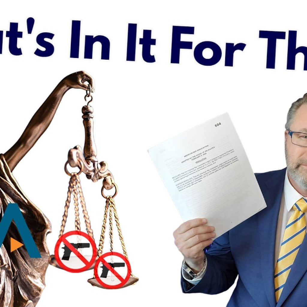 A man in a suit holds up a document, standing next to a Lady Justice statue with the ABA logo and crossed-out scales. Text above reads, "What's In It For Them?" The WK logo appears in the corner.