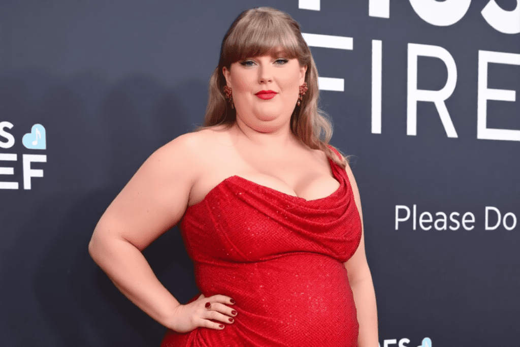 A woman wearing a sparkling red dress poses confidently with one hand on her hip in front of a dark backdrop with white text at a formal event.