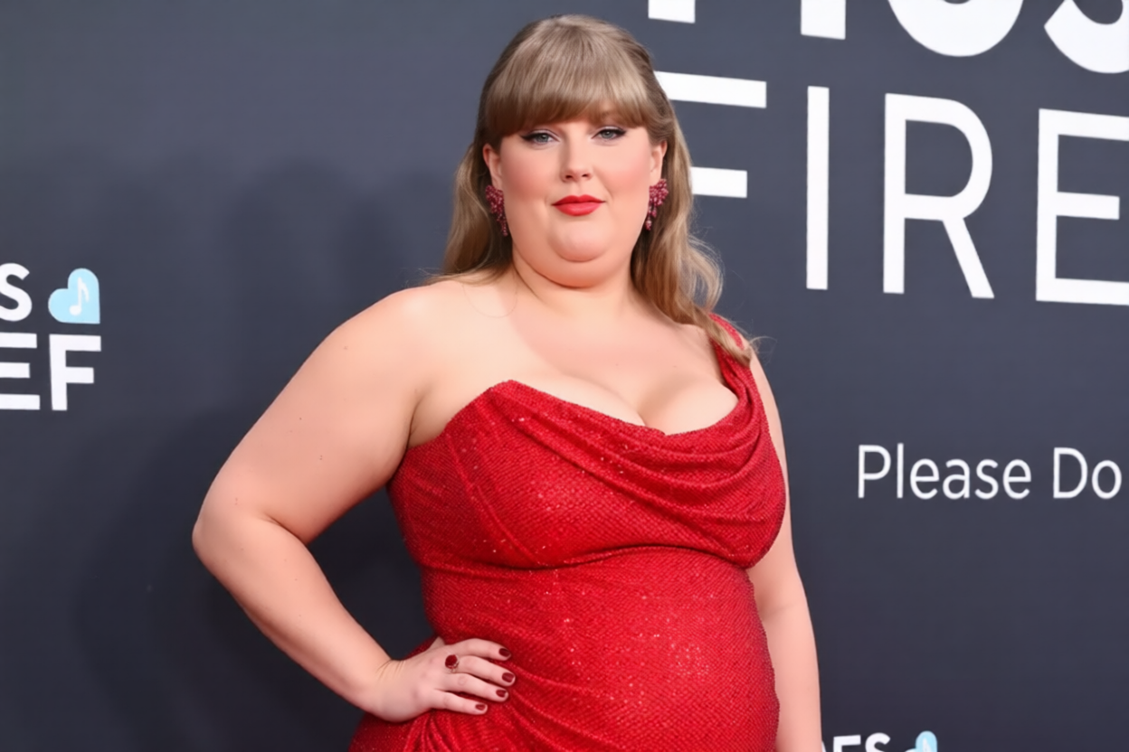 A woman wearing a sparkling red dress poses confidently with one hand on her hip in front of a dark backdrop with white text at a formal event.