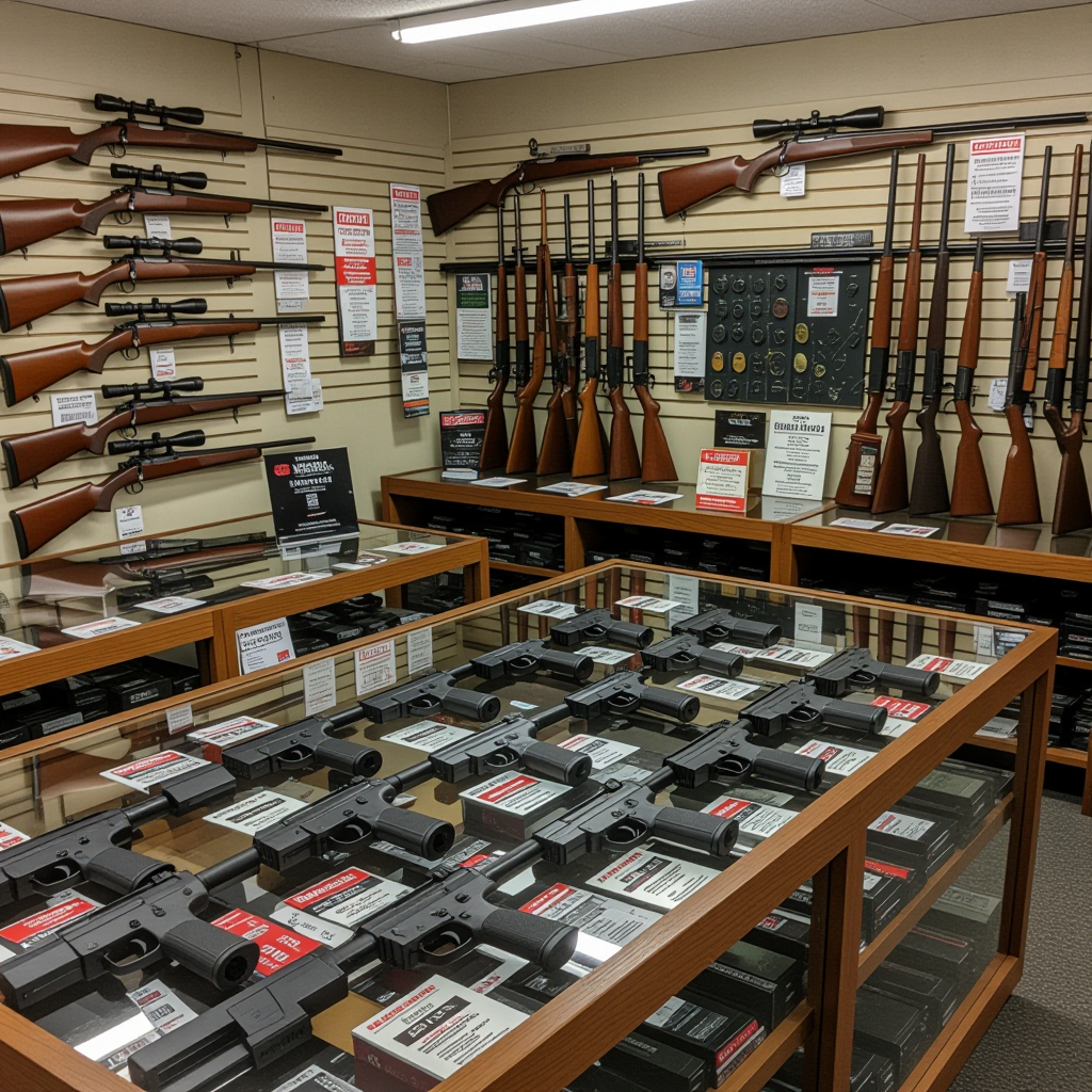 A gun shop interior displays rifles mounted on wall racks and handguns inside glass cases. Informational tags and signs with red warnings are visible throughout the store. The lighting is bright and even.