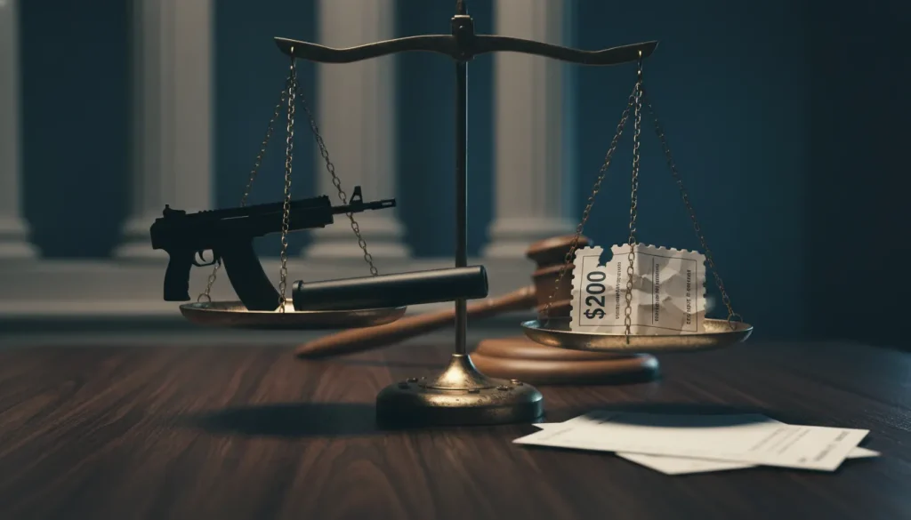 A balance scale on a wooden table holds a gun on one side and $200 in cash and tickets on the other, with a judge's gavel and papers in the background, symbolizing justice, violence, and money.
