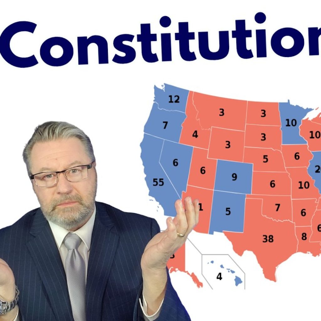 A man in a suit shrugs in front of a U.S. electoral map with states colored red and blue; bold text above reads "Is It Constitutional?" in blue letters.
