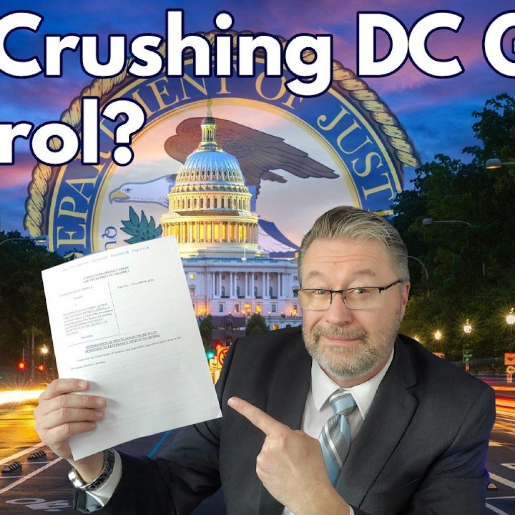 A man in a suit points to a document he is holding, with large text saying "DOJ Crushing DC Gun Control!?" The background features the Capitol, the Department of Justice seal, and blurred car lights at dusk.