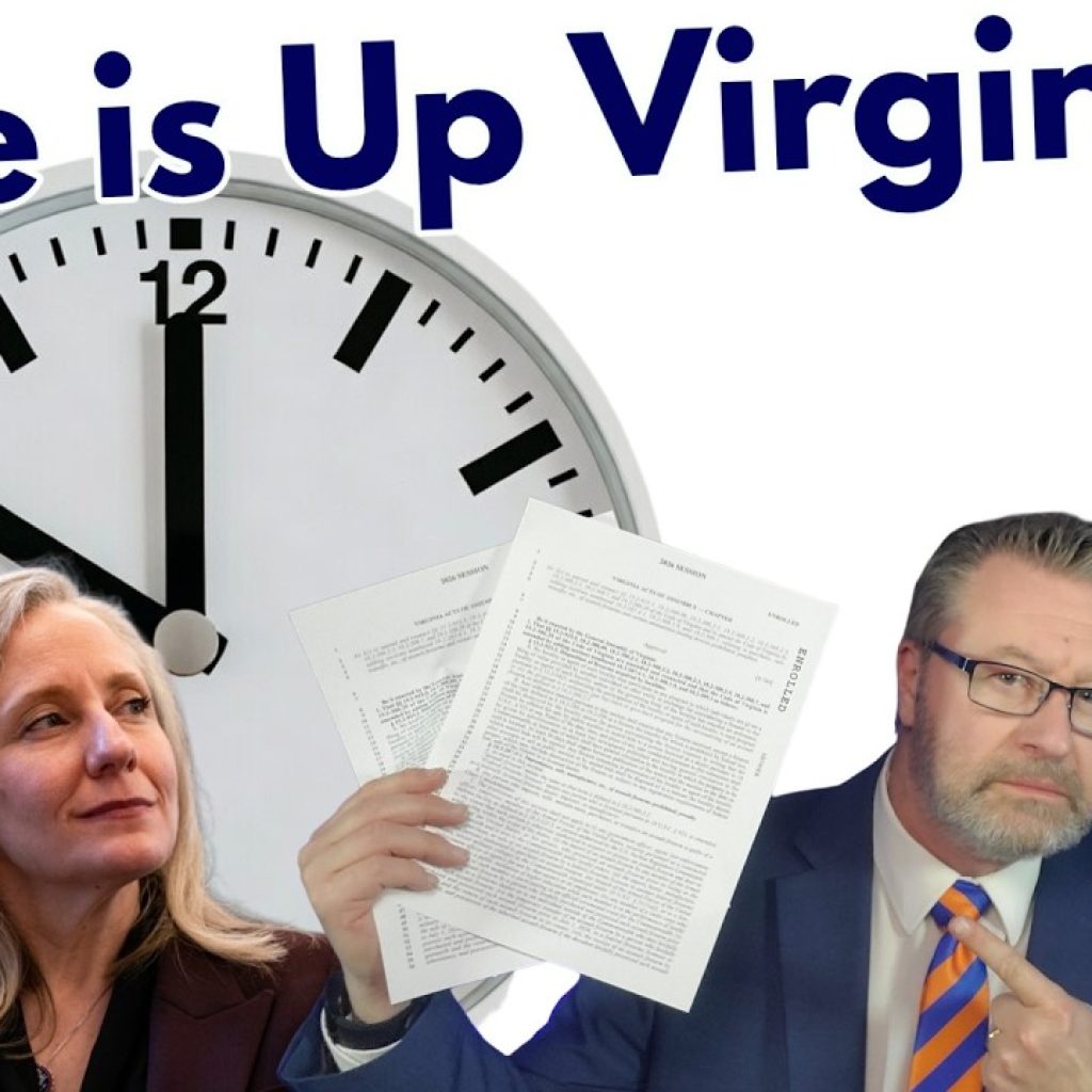 A man in a suit holds up documents, a woman looks to the side, and a large clock shows noon. The text reads, "Time is Up Virginia." Part of a face appears on the right, and a Virginia state icon with "WK" is in the corner.