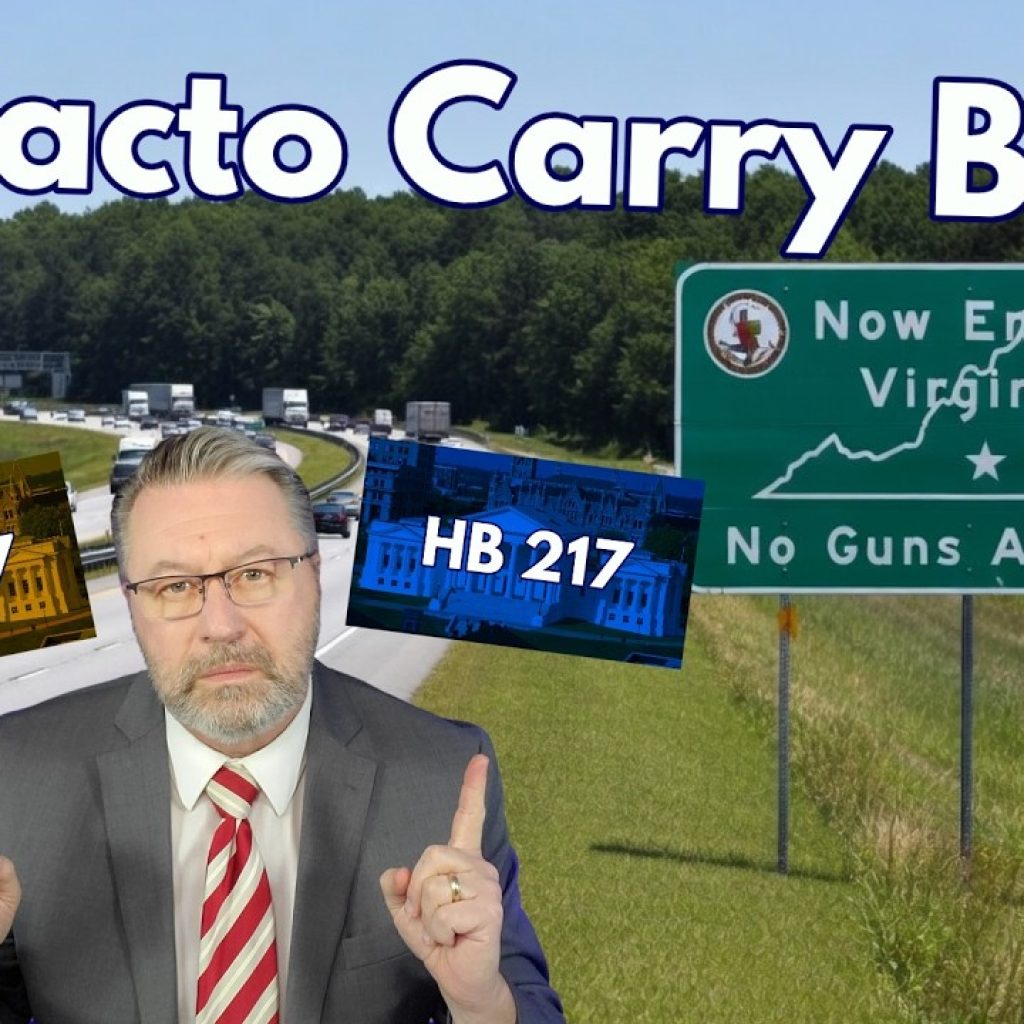 A man in a suit points upward with both hands in front of a highway and a "Now Entering Virginia, No Guns Allowed" sign. Text reads "De Facto Carry Ban?" with "SB 727" and "HB 217" on either side of him.