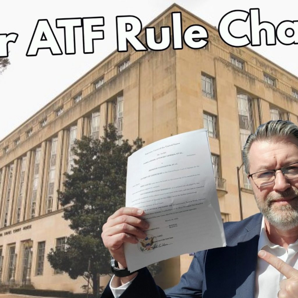 A man in a suit holds and points at a document in front of a large government building, with text above reading "Major ATF Rule Change?" and a "WK" logo in the corner.