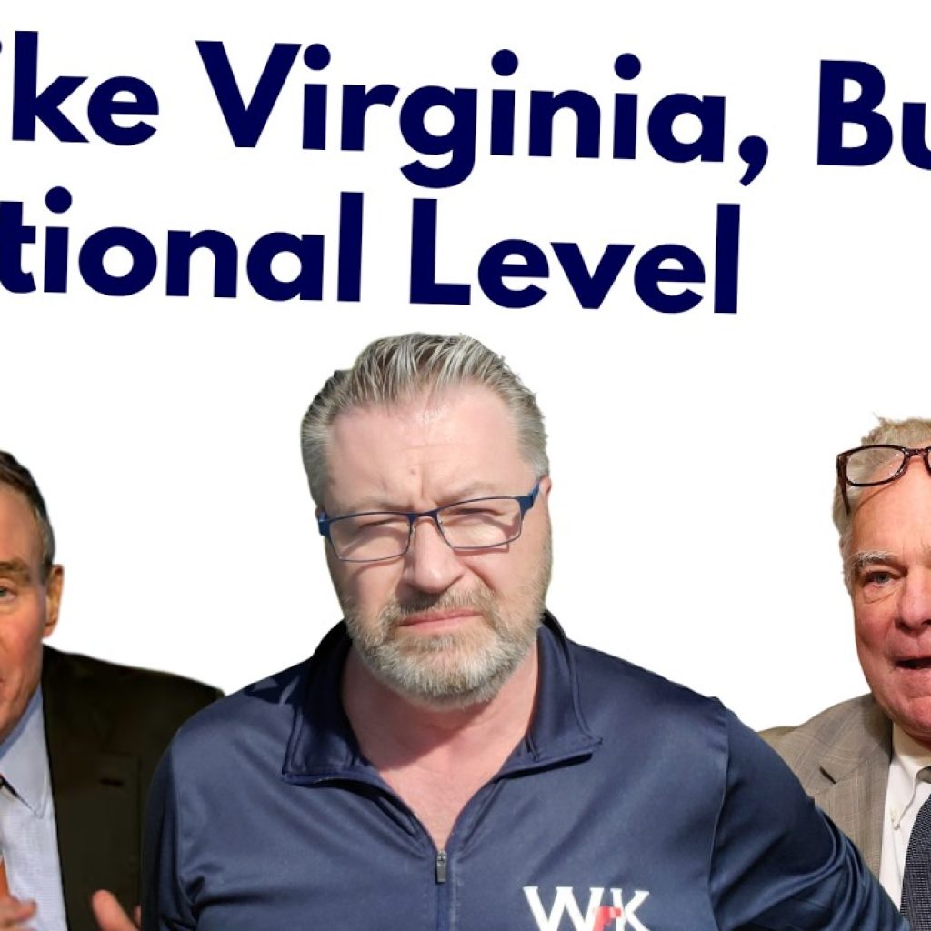 Three people are in front of a white background with the text “It’s Like Virginia, But On a National Level.” Two men in suits are on either side of a man in glasses and a WK-branded jacket at the center.