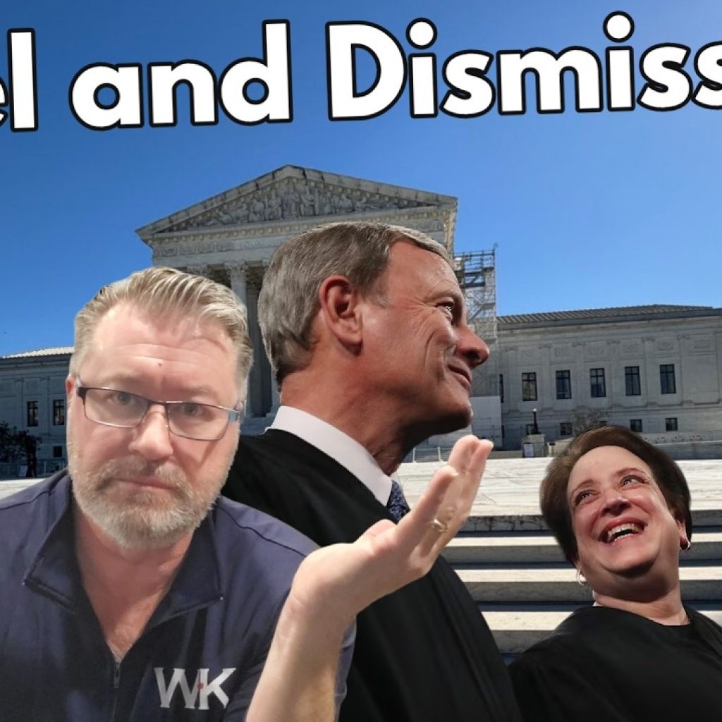 A man shrugs in confusion in front of the U.S. Supreme Court building, alongside three justices. Large text above reads "Cruel and Dismissive." The WK logo appears in the bottom left corner.