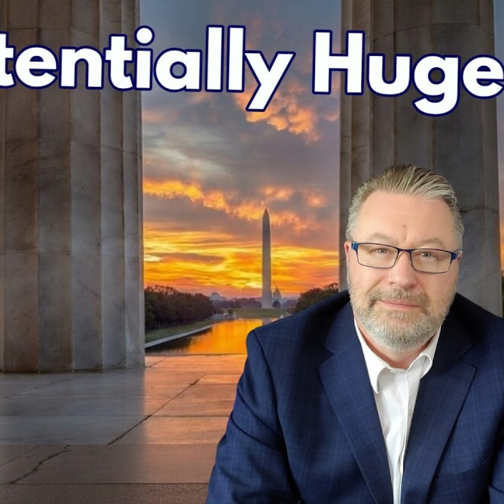 A man in a suit sits in front of the Lincoln Memorial Reflecting Pool at sunset with "A Potentially Huge Day" in bold text above him. A WK logo with the shape of Washington state is in the corner.
