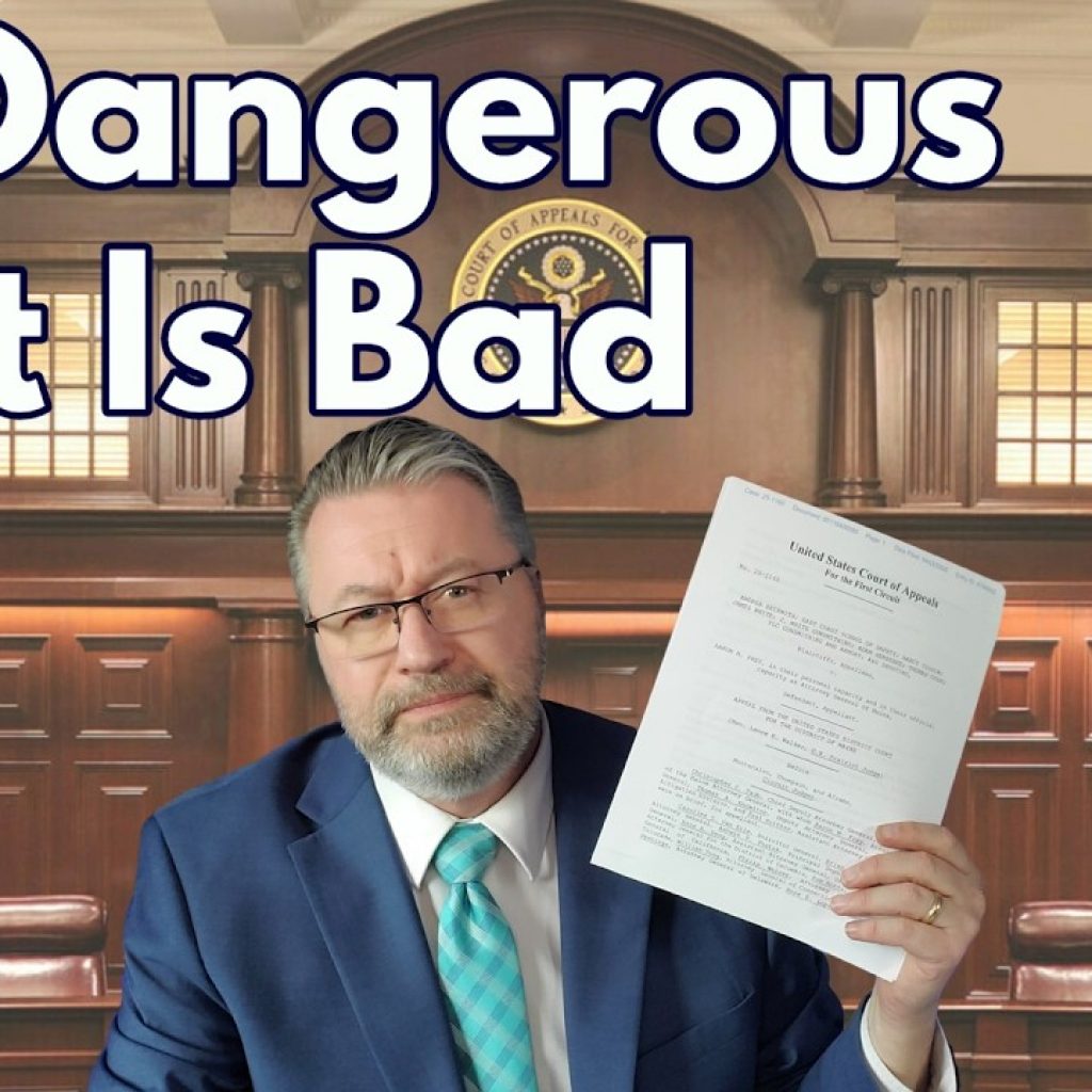 A man in a suit holds up a document in a courtroom, with large text above him reading "As Dangerous As It Is Bad." The background shows judge's benches and courtroom decor. The WK logo is in the bottom left corner.