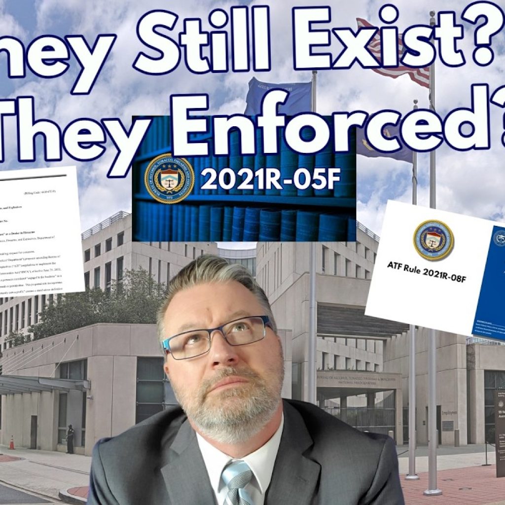 A man with glasses looks up thoughtfully in front of a government building, with the text “Do They Still Exist? Are They Enforced?” and images of official documents and a badge labeled "2021R-05F" overlayed.