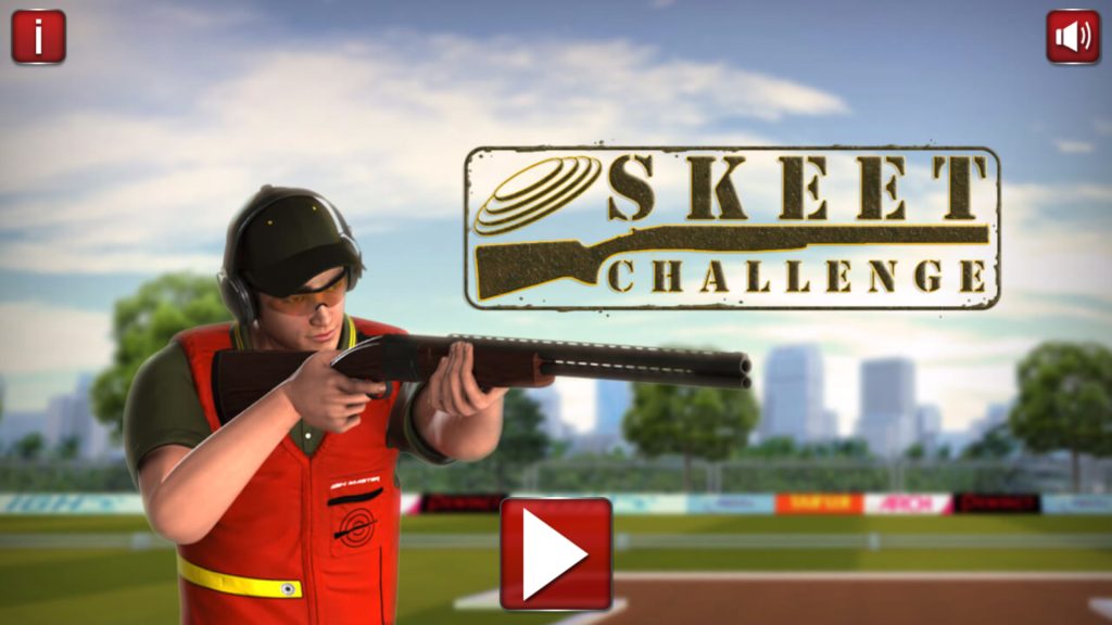 A person in a red vest aims a shotgun at the sky in a sports field setting. The text "Skeet Challenge" appears to the right with a clay target and shotgun graphic. Large play and speaker icons are visible.