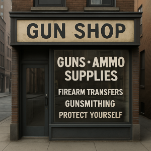 A storefront labeled "GUN SHOP" with large windows displays signs for "GUNS · AMMO SUPPLIES," "FIREARM TRANSfers," and "Alabama Firearms Training." The street appears empty, while the shop also promotes gunsmithing and self-protection.