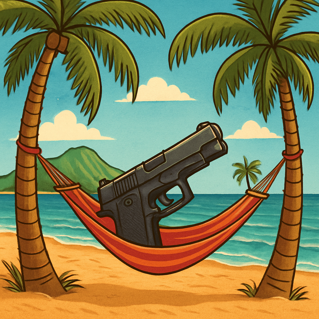 A handgun rests in a hammock strung between two palm trees on a tropical beach, with the ocean, mountains, and a small island in the background under a blue sky with clouds.