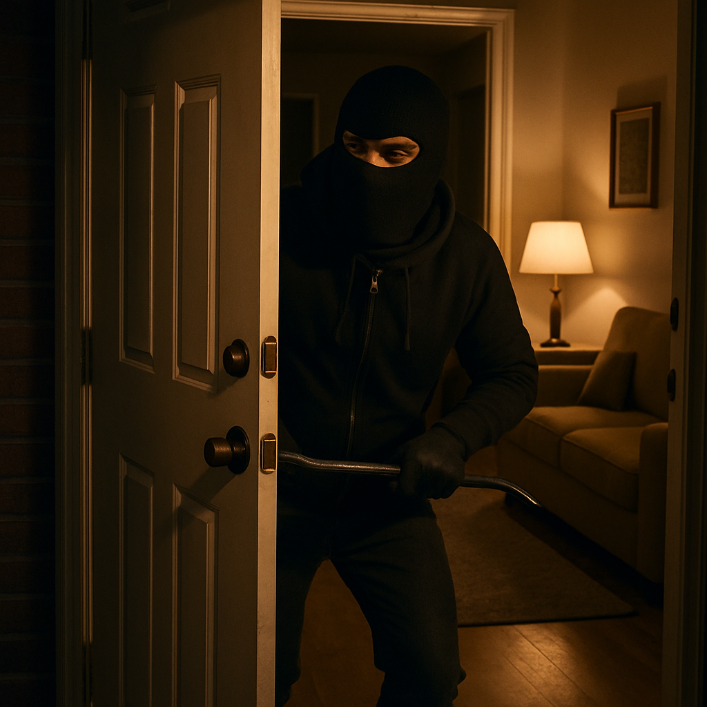 A masked person dressed in black enters a dimly lit home at night, holding a crowbar, suggesting a burglary in progress.